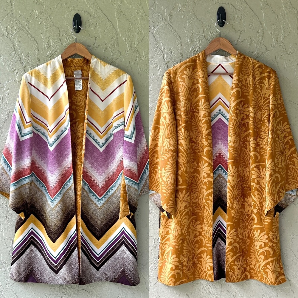 Chico's Women's 2 Multicolor Large Chevron Jacquard Open Reversible Kimono NWOT